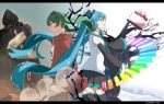  2girls apple_tree back-to-back blue_eyes blue_hair bomber_jacket cake detached_sleeves dual_persona earrings expressionless food green_eyes green_hair hatsune_miku jacket jewelry letterboxed long_hair multiple_girls necktie open_mouth road_sign rubble sign skirt smile suna_no_wakusei_(vocaloid) sunglasses sunglasses_on_head thigh-highs tree twintails very_long_hair vocaloid wide_sleeves zettai_ryouiki 