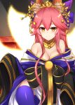  1girl animal_ears bare_shoulders blue_eyes blush breasts cleavage fate/extra fate_(series) fox_ears fox_tail hair_ornament japanese_clothes kimono long_hair looking_at_viewer p!nta pink_hair smile solo tail tamamo_(fate)_(all) tamamo_no_mae_(fate) thigh-highs yellow_eyes 