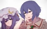  2girls bangs blue_hair commentary_request crescent hair_between_eyes hand_in_hair hand_on_own_cheek hat highres lavender_hair long_hair looking_at_another mob_cap multiple_girls no_hat no_headwear patchouli_knowledge puffy_short_sleeves puffy_sleeves purple_hair red_eyes remilia_scarlet short_hair short_sleeves simple_background terimayo touhou violet_eyes 