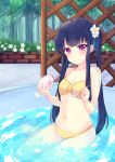  1girl black_hair blush breasts cleavage closed_mouth eyebrows_visible_through_hair flower hair_flower hair_ornament highres holding holding_spoon long_hair looking_at_viewer medium_breasts navel original pool sitting solo suzu_(minagi) tri_tails violet_eyes 
