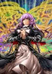  1girl arikanrobo black_dress breasts brown_hair closed_mouth cowboy_shot cross-laced_clothes dress gradient_hair highres hijiri_byakuren juliet_sleeves large_breasts long_hair long_sleeves looking_at_viewer multicolored_hair puffy_sleeves purple_hair solo sorcerer&#039;s_sutra_scroll touhou two-tone_hair yellow_eyes 