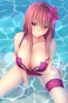 1girl bikini breasts fate/grand_order fate_(series) flower from_above hair_flower hair_ornament hibiscus highres large_breasts lens_flare long_hair looking_at_viewer ocean red_eyes scathach_(fate/grand_order) scathach_(swimsuit_assassin)_(fate) smile solo swimsuit tapisuke 