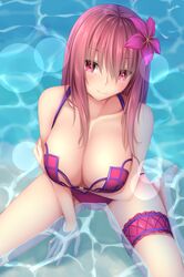  1girl bikini breasts fate/grand_order fate_(series) flower from_above hair_flower hair_ornament hibiscus highres large_breasts lens_flare long_hair looking_at_viewer ocean red_eyes scathach_(fate/grand_order) scathach_(swimsuit_assassin)_(fate) smile solo swimsuit tapisuke 