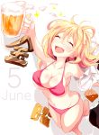  1girl 5 alcohol beer beer_mug bikini blonde_hair breasts cleavage clothes_removed collarbone erect_nipples fang groin haruka_natsuki june large_breasts long_hair navel number open_mouth original pink_bikini smile solo swimsuit 