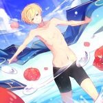  1boy abs bare_chest blonde_hair blue_sky fire_emblem fire_emblem_heroes fire_emblem_if highres kariya_(mizore) leon_(fire_emblem_if) looking_at_viewer ocean outdoors red_eyes shorts sky smile solo tomato water 