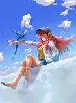  1girl amou_kanade barefoot baseball_cap bird blue_sky breasts clouds commentary_request cutoffs feet full_body hand_in_pocket hat headphones highres hood hoodie legs_crossed long_hair murakami_hisashi outdoors outstretched_arm red_eyes redhead senki_zesshou_symphogear shirt shorts sitting sky smile solo toes very_long_hair yellow_shirt 