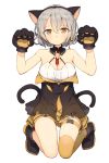  1girl animal_ears bare_shoulders boots breasts cat_ears cat_tail character_request cleavage detached_collar earrings expressionless fake_animal_ears food_themed_earrings full_body girls_frontline highres jewelry kneeling looking_at_viewer medium_breasts multiple_tails paw_pose pumpkin_earrings shone short_hair silver_hair simple_background single_earring single_thighhigh solo tail thigh-highs white_background yellow_eyes yellow_legwear 