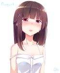  1girl bangs blunt_bangs blush brown_hair camisole collarbone dated eyebrows_visible_through_hair hair_ornament half_updo haruka_natsuki long_hair looking_at_viewer nose_blush original parted_lips simple_background solo strap_slip tearing_up tears upper_body violet_eyes white_background x_hair_ornament 