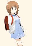  1girl arms_behind_back backpack bag bangs blue_dress casual closed_mouth cowboy_shot dress eyebrows_visible_through_hair girls_und_panzer henyaan_(oreizm) long_sleeves looking_at_viewer nishizumi_miho randoseru short_dress short_hair simple_background solo standing sweater white_background white_sweater 