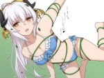  blush breasts brown_hair cleavage collarbone eyebrows_visible_through_hair fate/grand_order fate_(series) heart highres horns kiyohime_(fate/grand_order) kiyohime_(swimsuit_lancer)_(fate) large_breasts long_hair looking_at_viewer navel parted_lips ramchi smile swimsuit thighs translation_request white_hair 