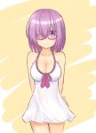  1girl artist_name blush breasts cleavage collarbone eyebrows_visible_through_hair fate/grand_order fate_(series) glasses hair_over_one_eye highres large_breasts looking_at_viewer nan0teck purple_hair shielder_(fate/grand_order) smile solo twitter_username violet_eyes 