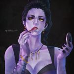  1girl alternate_hairstyle applying_makeup black_hair bracelet breasts cleavage compact earrings formal highres jewelry lipstick long_hair makeup medium_breasts monori_rogue nail_polish necklace overwatch purple_skin solo tattoo updo upper_body widowmaker_(overwatch) yellow_eyes 