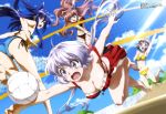  4girls absurdres akatsuki_kirika arm_up ass barefoot beach_volleyball bikini blonde_hair blue_eyes blue_hair blush breasts brown_eyes cleavage clouds cloudy_sky collarbone feet from_below gotou_keiji hair_ornament highres kazanari_tsubasa long_hair maria_cadenzavna_eve megami multiple_girls navel official_art open_mouth pink_hair senki_zesshou_symphogear short_hair silver_hair sky soles swimsuit toes violet_eyes yukine_chris 