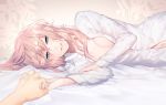  1girl bed_sheet blue_eyes blurry breasts cleavage collarbone depth_of_field dress_shirt eyebrows_visible_through_hair hair_between_eyes hand_holding holding_hands jewelry long_hair long_sleeves looking_at_viewer lying medium_breasts megurine_luka_(vocaloid4) miyamotokannn naked_shirt navel on_side open_clothes open_shirt parted_lips pink_hair pov ring shirt smile solo_focus teeth vocaloid wedding_ring white_shirt 