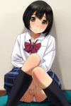  1girl black_eyes black_hair blush bow bowtie eyebrows_visible_through_hair highres looking_at_viewer matsunaga_kouyou original panties pantyshot pantyshot_(sitting) school_uniform short_hair sitting solo tareme underwear 