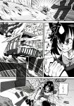  2girls animal_ears atou_rie attack backpack bag bear_ears blood blood_on_face brown_bear_(kemono_friends) cerulean_(kemono_friends) clenched_teeth comic driving fingerless_gloves gloves greyscale ground_vehicle injury japari_bus kaban_(kemono_friends) kemono_friends marker_(medium) monochrome motor_vehicle multiple_girls navel no_hat no_headwear one-eyed one_eye_closed outdoors shirt short_hair short_sleeves shorts sitting speed_lines steering_wheel stomach teeth torn_clothes torn_shirt traditional_media translation_request 