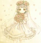 1girl arare_(kantai_collection) blush bouquet bridal_veil chiio_(chi_i_15sab00) commentary cowboy_shot dress flower grey_eyes grey_hair head_wreath kantai_collection light_smile looking_at_viewer solo veil wedding_dress 