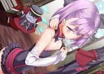  1girl arm_behind_head bare_shoulders blush bow detached_sleeves fate/grand_order fate_(series) flat_chest hair_bow helena_blavatsky_(fate/grand_order) looking_at_viewer purple_hair shirosuzu short_hair smile solo strapless tree_of_life violet_eyes 