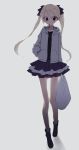  1girl backlighting bag blonde_hair boots bow candy food frilled_skirt frills full_body grey_background grey_eyes groceries grocery_bag hair_bow hand_in_pocket hood hoodie lollipop long_hair looking_at_viewer original shopping_bag simple_background skirt solo standing toko_m twintails 