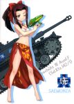  10s 1girl ;) absurdres barefoot bikini bow breasts brown_eyes brown_hair caterpillar_tracks cleavage collarbone emblem full_body girls_und_panzer ground_vehicle gun hair_bow high_ponytail highres holding holding_gun holding_weapon long_hair looking_at_viewer military military_vehicle motor_vehicle navel one_eye_closed ooarai_(emblem) red_bow saemonza sarong see-through simple_background small_breasts smile solo standing sturmgeschutz_iii swimsuit tank water_gun weapon white_background white_bikini 
