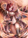  1girl absurdres black_legwear breasts cleavage closed_mouth highres holding holding_spear holding_weapon horns jewelry large_breasts looking_at_viewer molten_rock nani_(goodrich) navel neck_ring original polearm red_eyes redhead solo spear thigh-highs weapon wings 