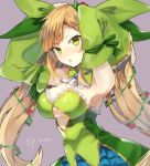  1girl armpits arms_up ascot bangs bei_mochi blonde_hair blush bow breasts character_name cleavage commentary_request detached_collar detached_sleeves eyebrows_visible_through_hair flower green_bow green_eyes grey_background hair_bow long_hair looking_at_viewer medium_breasts nose_blush open_mouth plant sennen_sensou_aigis simple_background solo spica_(sennen_sensou_aigis) twintails upper_body vines 