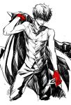  1boy black_pants gloves jacket jacket_removed kurusu_akira monochrome pants persona persona_5 red_gloves saitou_rokuro shirt sketch sleeveless sleeveless_shirt solo spot_color tagme 