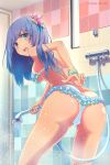  1girl ass blue_hair blush bracelet breasts dark_skin eyebrows_visible_through_hair from_behind green_eyes highres jewelry large_breasts long_hair looking_at_viewer loup open_mouth original shower_(place) showering solo swimsuit under_boob 