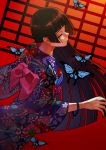  1girl black_hair butterfly enma_ai from_behind highres japanese_clothes jigoku_shoujo kimono long_hair looking_back red_eyes solo teiuyou 