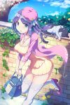  1girl animal bag blue_eyes blush breasts cat cleavage collarbone eyebrows_visible_through_hair handbag hat high_heels highres large_breasts long_hair looking_at_viewer loup original parted_lips plant potted_plant purple_hair purple_hat solo sweater thigh-highs tree watch watch white_legwear 
