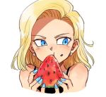  1girl android_18 bare_shoulders blonde_hair blue_eyes blue_nails dragon_ball dragonball_z earrings eating face food food_on_face fruit jewelry looking_to_the_side nail_polish seed short_hair simple_background solo tank_top tkgsize watermelon white_background 