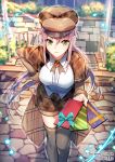  1girl blue_ribbon brown_hair chocolate copyright_name detective gem green_eyes hand_on_hip hat interitio jewelry looking_at_viewer outdoors plaid plaid_hat ribbon shorts sid_story smile solo star watermark 