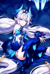  1girl blue_background blue_boots blue_bow blue_eyes boots bow detached_sleeves elsword highres horns long_hair luciela_r._sourcream noblesse_(elsword) painteen parted_lips skirt smile solo thigh-highs thigh_boots twintails white_hair 