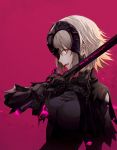  1girl armor eyebrows_visible_through_hair fate/grand_order fate_(series) from_side headpiece highres holding holding_sword holding_weapon jeanne_alter looking_away maroon_background parted_lips ruler_(fate/apocrypha) simple_background solo sword tongue tongue_out upper_body wanke weapon white_hair yellow_eyes 