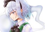  1girl bangs black_bow black_bowtie blue_eyes blush bow bowtie collared_shirt eyebrows_visible_through_hair from_side gradient_hair hair_bow konpaku_youmu konpaku_youmu_(ghost) looking_to_the_side multicolored_hair oshiaki parted_lips portrait profile red_bow shirt short_hair simple_background solo sweat touhou white_background white_shirt 
