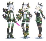  3girls android black_legwear bob_cut bodysuit boots cheri_zao clenched_hand crop_top dagger expressionless eyebrows_visible_through_hair full_body gloves green_eyes green_legwear headgear highres looking_at_viewer machinery multiple_girls original short_hair short_shorts shorts simple_background standing turtleneck violet_eyes weapon white_background white_hair zipper 