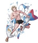  1boy abs blonde_hair fire_emblem fire_emblem_heroes fire_emblem_if full_body highres injury lilith_(fire_emblem_if) marks_(fire_emblem_if) navel official_art open_mouth orange_eyes p-nekor sandals shirtless solo swimsuit teeth torn_clothes transparent_background water 