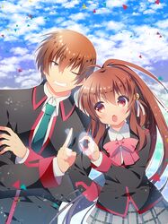  1boy 1girl bell brother_and_sister brown_hair clouds cowboy_shot green_necktie grey_skirt grin hair_bell hair_ornament hano_haruka jingle_bell little_busters!! long_hair natsume_kyousuke natsume_rin necktie number one_eye_closed plaid plaid_skirt ponytail red_eyes siblings skirt sky smile 