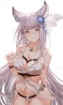  absurdres animal_ears arm_behind_back bangs bare_shoulders blue_eyes blunt_bangs blush bracelet breasts bright_pupils brooch cleavage cowboy_shot erun_(granblue_fantasy) flower granblue_fantasy hair_flower hair_ornament hana_mori highres jewelry korwa large_breasts long_hair navel o-ring_bikini parted_lips silver_hair simple_background smile very_long_hair white_background 