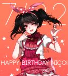  1girl ;d \m/ black_hair bow bowtie bracelet character_name commentary eyebrows_visible_through_hair hair_ribbon hairband happy_birthday jewelry long_hair looking_at_viewer love_live! love_live!_school_idol_project nico_nico_nii one_eye_closed open_mouth orange_background puffy_short_sleeves puffy_sleeves red_eyes ribbon short_sleeves simple_background smile solo star starry_background teru_(renkyu) twintails twitter_username yazawa_nico 