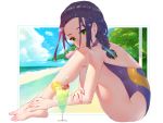  1girl barefoot beach blue_sky braid casual_one-piece_swimsuit clouds darling_in_the_franxx day drink full_body green_eyes hair_over_shoulder ikuno_(darling_in_the_franxx) long_hair no_eyewear one-piece_swimsuit outdoors purple_hair purple_swimsuit single_braid sitting sky solo swimsuit waterring 