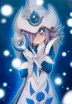  1girl artist_request blue_eyes blush duel_monster gloves hat long_hair open_mouth silent_magician silver_hair solo staff wand witch_hat wizard_hat yu-gi-oh! yuu-gi-ou_duel_monsters 