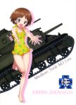  10s 1girl :d absurdres barefoot blue_eyes brown_hair casual_one-piece_swimsuit caterpillar_tracks character_name collarbone emblem flat_chest full_body girls_und_panzer ground_vehicle highres m3_lee military military_vehicle motor_vehicle one-piece_swimsuit one_leg_raised ooarai_(emblem) open_mouth sakaguchi_karina short_hair simple_background smile solo standing standing_on_one_leg swimsuit tank white_background yellow_swimsuit 