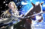  1girl armor blonde_hair breasts brown_eyes cleavage copyright_name fire_emblem fire_emblem_echoes:_mou_hitori_no_eiyuuou gloves helmet horse horseback_riding long_hair matilda_(fire_emblem) polearm riding shin_(applique) snow snowing solo sparkle spear teeth weapon 