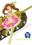  10s 1girl 38(t)_ausf_g_(panzer_waltz) ;d absurdres barefoot bikini brown_eyes brown_hair character_name collarbone emblem flat_chest floating_hair full_body girls_und_panzer grin hair_ribbon head_tilt highres index_finger_raised innertube kadotani_anzu long_hair navel one_eye_closed one_leg_raised ooarai_(emblem) open_mouth ribbon shiny shiny_skin side-tie_bikini simple_background smile solo standing swimsuit transparent twintails white_background yellow_bikini yellow_ribbon 