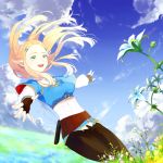  1girl :d bangs black_legwear black_pants blonde_hair blue_sky braid breasts ciatoli fingerless_gloves flower french_braid gloves grass green_eyes hair_ornament hairclip long_hair open_mouth outdoors outstretched_arms pants parted_bangs pointy_ears princess_zelda sky smile solo spread_arms the_legend_of_zelda the_legend_of_zelda:_breath_of_the_wild 