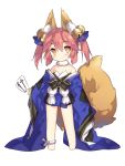  1girl animal_ears bare_shoulders barefoot bell collar detached_sleeves fate_(series) fox_ears fox_tail hair_ribbon japanese_clothes kimono long_sleeves looking_at_viewer obi ofuda pink_hair ribbon saru sash short_hair smile solo tail tamamo_(fate)_(all) tamamo_no_mae_(fate) wide_sleeves yellow_eyes younger 