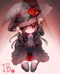  1girl brown_hair character_name dress flower hat ib ib_(ib) long_hair open_mouth red_eyes solo witch 