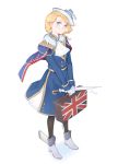  1girl absurdres ascot azur_lane bilan_hangxian blonde_hair blue_eyes blush cape full_body fur_trim gloves hat head_tilt highres hood_(bilan_hangxian) light_smile long_hair looking_up military military_uniform skirt skirt_set smile sparkle standing suitcase umbrella uniform union_jack white_gloves yueguang_zhanglang 