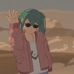  1girl arm_at_side arm_up blue_pants brown_jacket closed_mouth commentary denim desert dust_cloud earrings green_hair grey_sky hatsune_miku highres jacket jeans jewelry light_frown long_hair long_sleeves looking_down meme nagdonggang outdoors pants pocket salt_bae_(meme) sand serious shirt sky solo suna_no_wakusei_(vocaloid) sunglasses twintails upper_body vocaloid white_shirt 